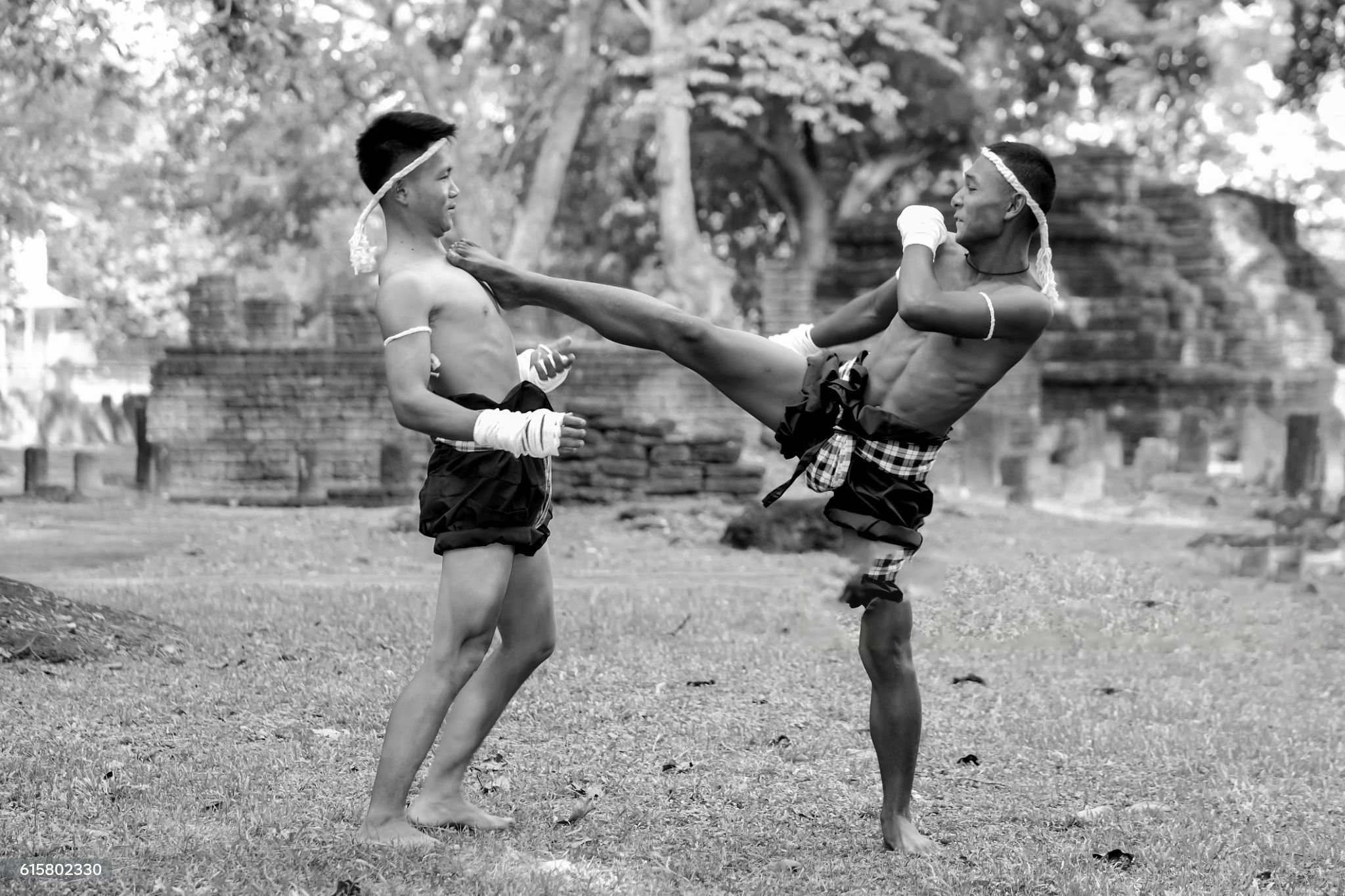 Muay Thai fighters at ancient temple